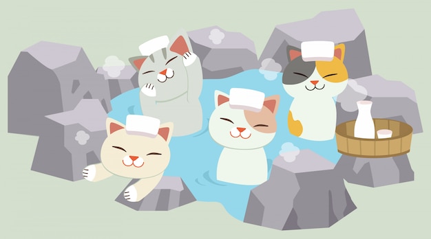 Le Personnage De Chat Mignon Prend Un Bain Thermal Japonais. Le Chat Prenant Un Onsen. Il A L'air Heureux Et Relaxant