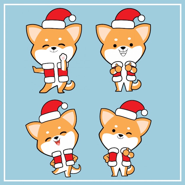 Personnage De Chien Shiba Inu Dessiné à La Main Mignonne De Kawaii Avec Collection De Chapeaux De Noël