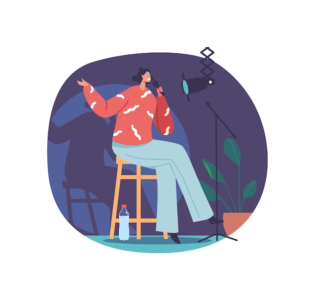 Un personnage comique féminin dynamique commande la scène avec un esprit vif et un humour relatable Une femme captivant le public avec sa performance de stand-up hilarante Illustration vectorielle de personnes de dessins animés