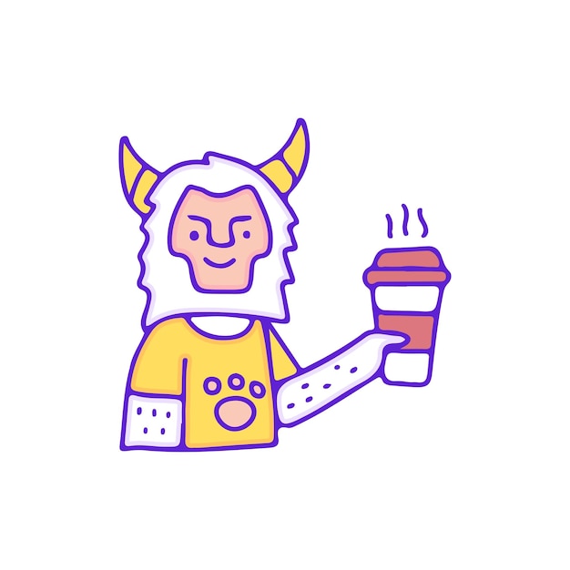 Un personnage cool de yéti boit une tasse de café, une illustration pour un t-shirt, un autocollant ou un vêtement.