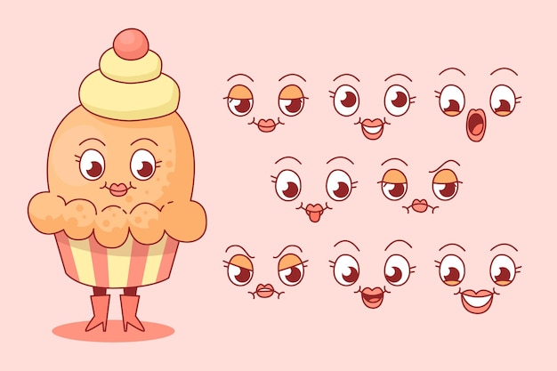 Vecteur un personnage de cupcake de dessin animé avec de nombreux visages