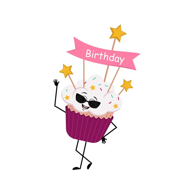 Personnage De Cupcake Mignon Avec Des Lunettes Et Des émotions Joyeuses, Visage Souriant, Yeux Heureux, Bras Et Jambes. Nourriture Sucrée Avec Décorations, Dessert Festif