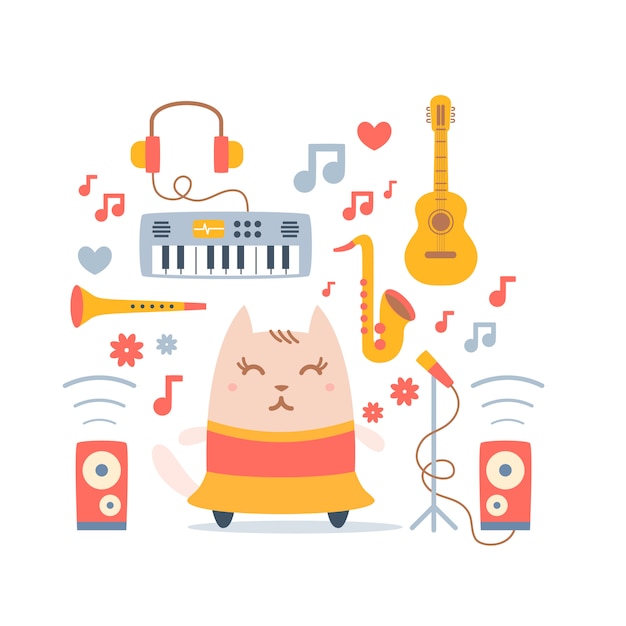 Personnage Danseur De Chat En Robe Avec Instruments De Musique