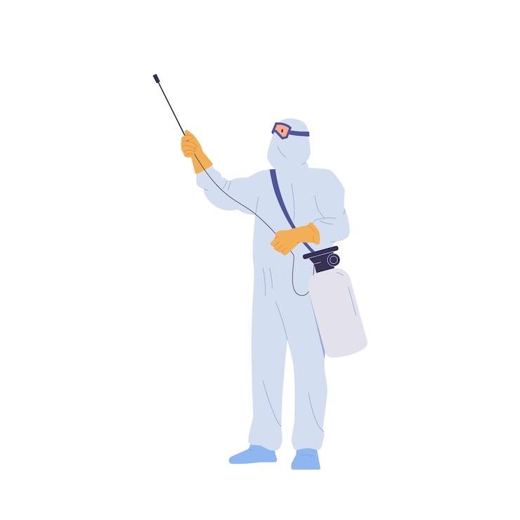 Vecteur personnage de désinfecteur d'homme en costume utilisant une bouteille de poison avec buse de pulvérisation et poison chimique