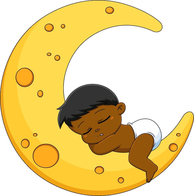 Personnage De Dessin Animé Afro-américain Bébé Garçon Dort Sur La Lune