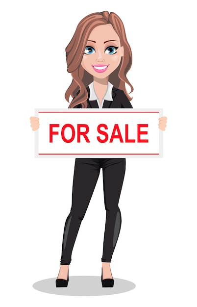 Vecteur un personnage de dessin animé d'agent immobilier. belle femme agent immobilier
