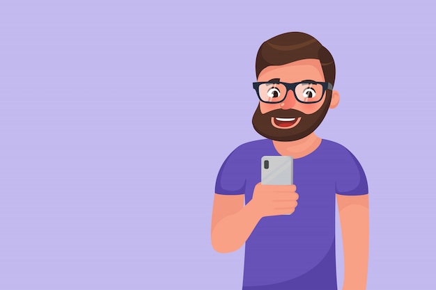 Personnage De Dessin Animé Barbu Hipster Navigation Dans Les Médias Sociaux à L'aide De Son Téléphone. Homme Heureux Souriant à L'aide D'un Appareil Smartphone