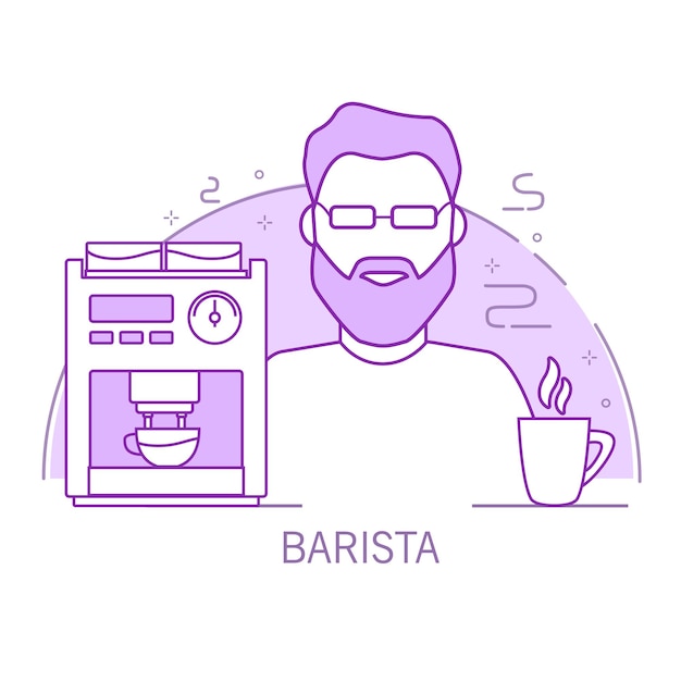 Personnage De Dessin Animé De Barista Avec Une Cafetière Et Une Tasse Boisson Chaude