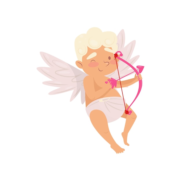 Vecteur personnage de dessin animé d'un bébé adorable avec des ailes, un arc et des flèches roses, un petit ange de l'amour, un élément graphique coloré pour une carte de vœux, une illustration vectorielle en style plat isolée sur fond blanc.