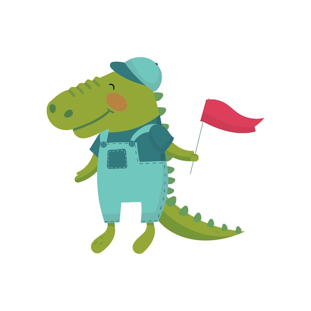 Personnage De Dessin Animé De Bébé Crocodile Avec Drapeau Rouge Dans La Patte Animal Vert Sauvage Vêtu D'un T-shirt Et D'une Casquette De Salopette Bleue Conception De Vecteur Plat Pour Carte Postale Ou Livre