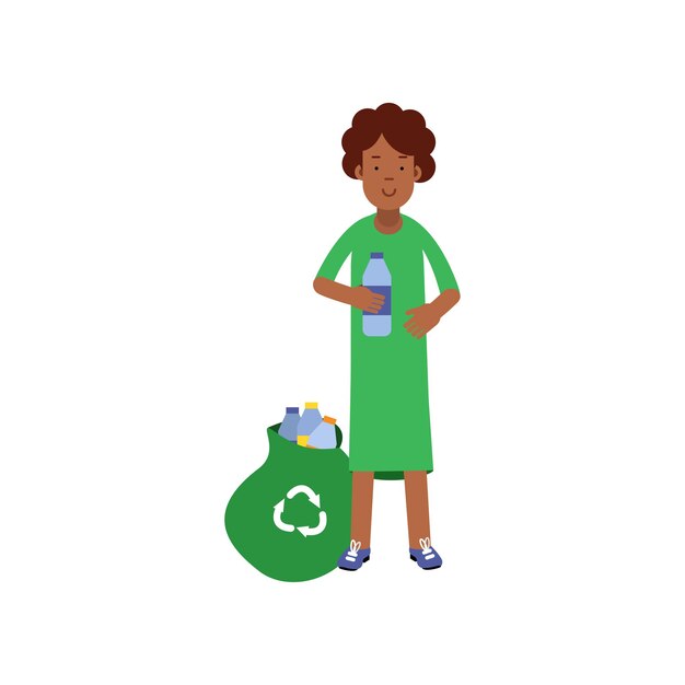 Personnage De Dessin Animé Bénévole De Femme Ramassant Des Bouteilles En Plastique Dans Le Sac Pour Le Recyclage. Préservation De L'environnement. Des Gens Qui Protègent La Nature. Monde écologiquement Propre. Vecteur Plat Isolé Sur Blanc.