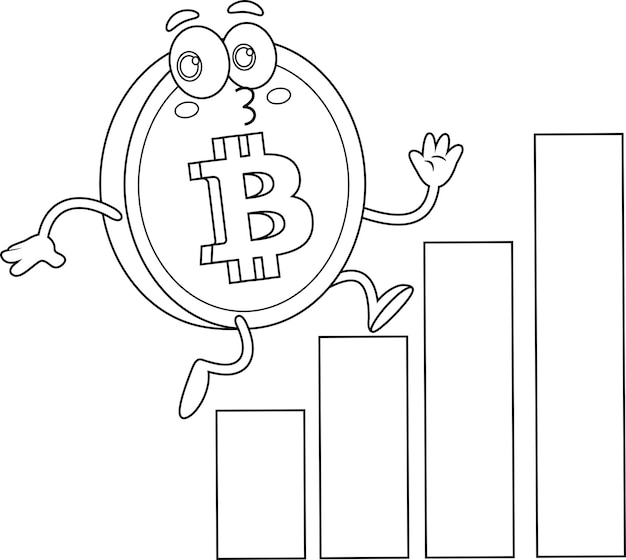 Personnage De Dessin Animé Bitcoin Décrit Sur La Barre De Croissance Graphe Vectoriel Illustration Dessinée à La Main