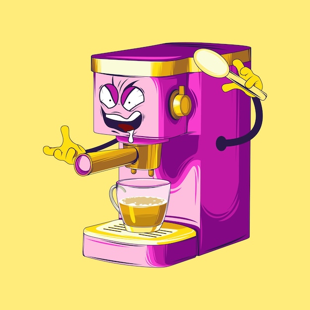 Personnage de dessin animé de cafetière vecteur de cafetière expresso