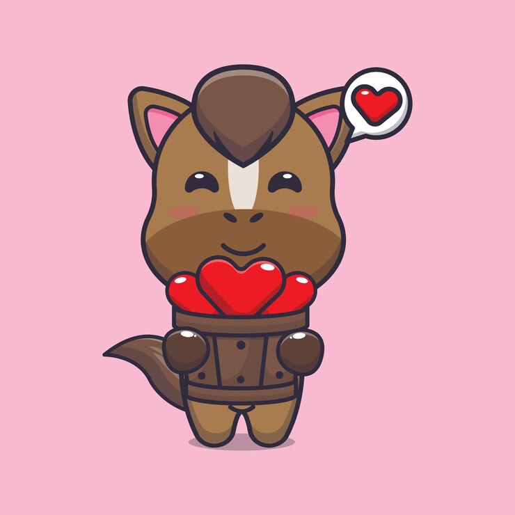 Vecteur personnage de dessin animé de cheval mignon tenant l'amour dans un seau en bois