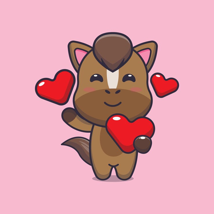 Vecteur personnage de dessin animé de cheval mignon tenant le coeur d'amour à la saint valentin