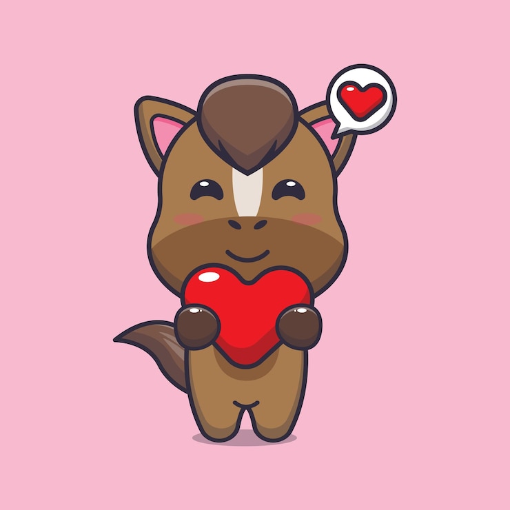 Vecteur personnage de dessin animé de cheval mignon tenant le coeur d'amour