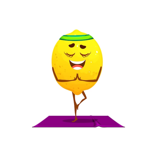 Vecteur personnage de dessin animé citron sur le yoga vecteur isolé citron pratique du bien-être ou de la méditation drôle de nourriture saine personnage se tenir sur une jambe sur l'homme profiter de la relaxation zen style de vie et l'harmonie