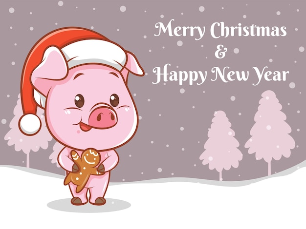 Personnage De Dessin Animé De Cochon Mignon Avec Joyeux Noël Et Bonne Année Bannière De Voeux