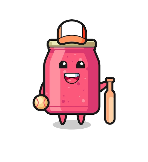 Personnage de dessin animé de confiture de fraises en tant que joueur de baseball, design mignon