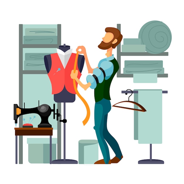 Personnage de dessin animé en couleur et prenant des mesures à Tailor Shop Concept Vector