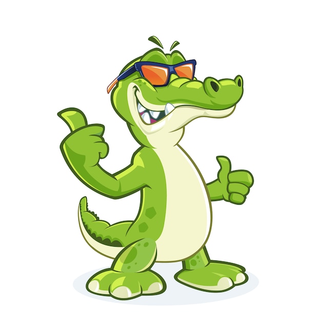 Vecteur personnage de dessin animé de crocodile souriant avec des lunettes de soleil avec le pouce vers le haut