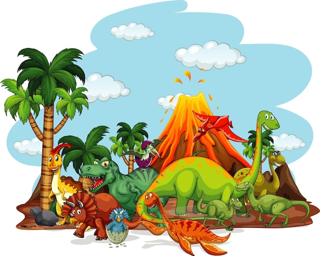 Vecteur personnage de dessin animé de dinosaures dans la scène de la nature