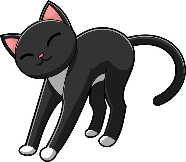 Personnage De Dessin Animé Drôle De Chat Noir Qui S'étend De Vecteur Illustration Dessinée à La Main