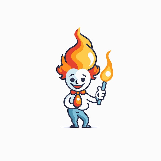 Vecteur personnage de dessin animé drôle avec une torche en flammes illustration vectorielle sur fond blanc