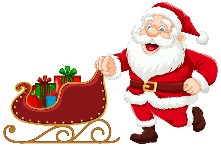 Vecteur un personnage de dessin animé du père noël pousse une traîneau cadeau