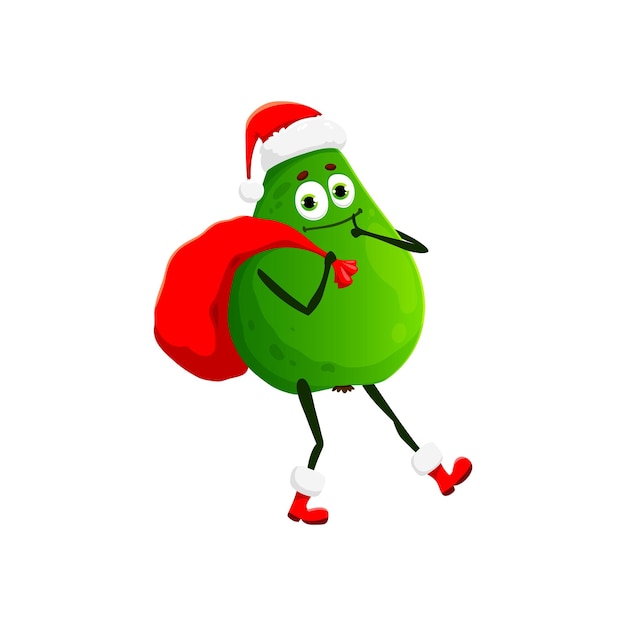 Personnage de dessin animé du Père Noël avec sac de cadeau de Noël Personnage vectoriel de nourriture de fruits drôles avec chapeau rouge du Père noël et sac de vacances de Noël montrant le pouce vers le haut emoticon de Noël et des vacances d'hiver