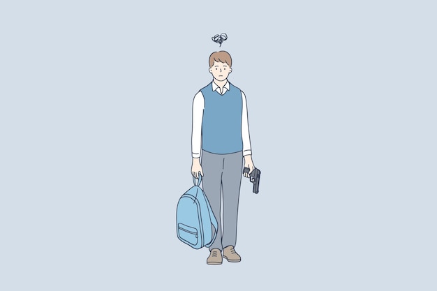 personnage de dessin animé d & # 39; écolier debout et tenant un sac à dos