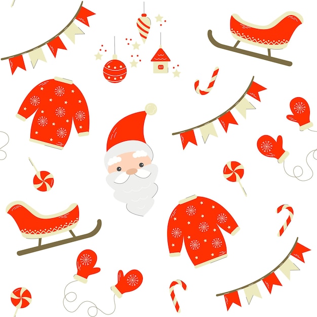 Personnage De Dessin Animé Et éléments De Noël Modèle Sans Couture Avec Décoration De Vêtements Chauds Santa Sleigh