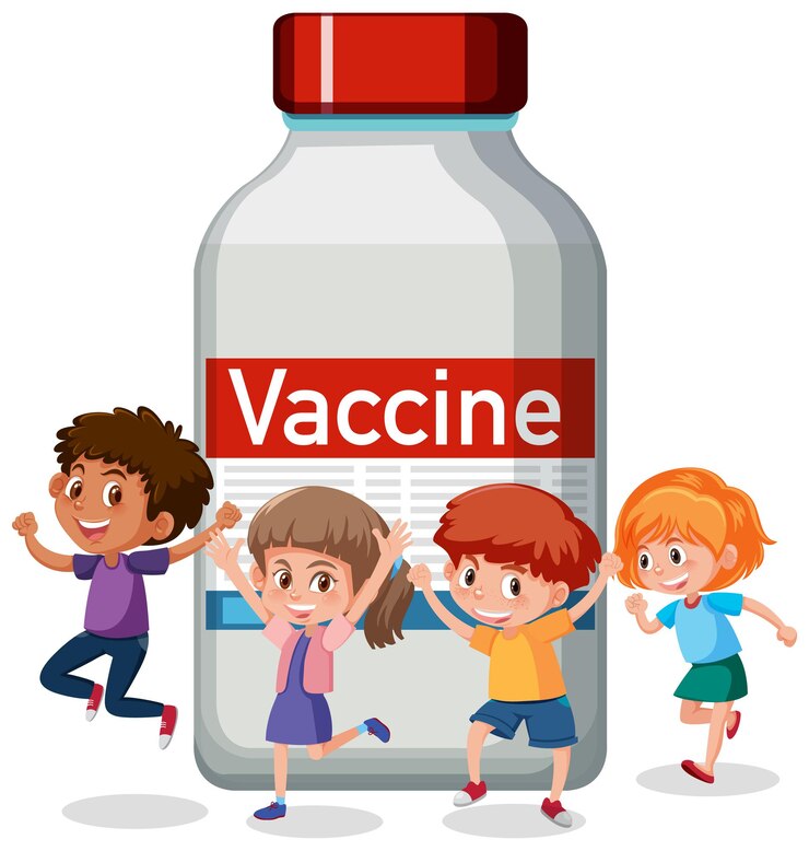 Vecteur personnage de dessin animé d'enfants heureux avec une bouteille de vaccin covid-19