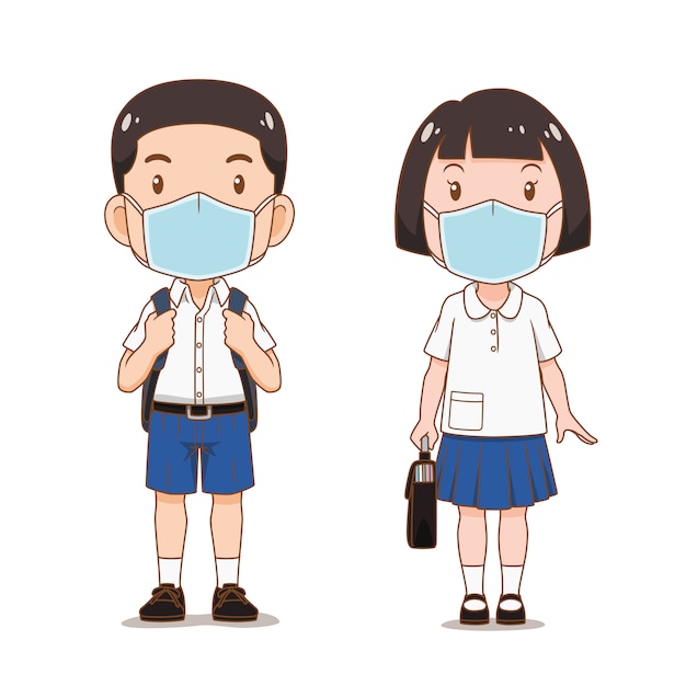 Personnage De Dessin Animé D'étudiant Garçon Et Fille Portant Un Masque Hygiénique.