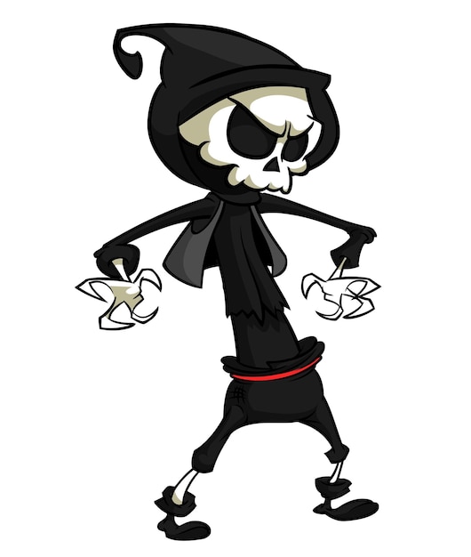 Vecteur personnage de dessin animé de faucheuse avec conception de squelette d'halloween de faux pour l'invitation à une fête ou une affiche vecteur isolé