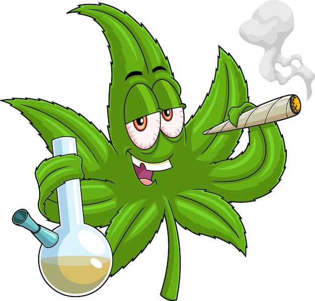 Vecteur le personnage de dessin animé de la feuille de marijuana souriant tenant un bong et fumant un joint