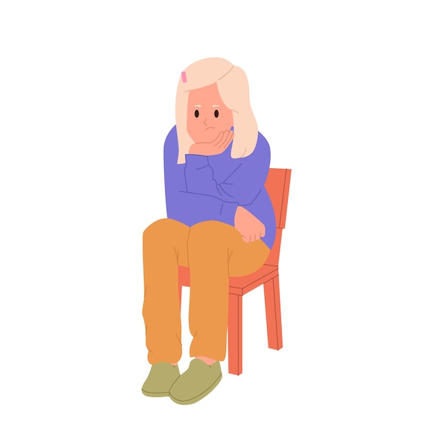Personnage de dessin animé frustré, triste et pensif assis sur une chaise isolé sur un fond blanc