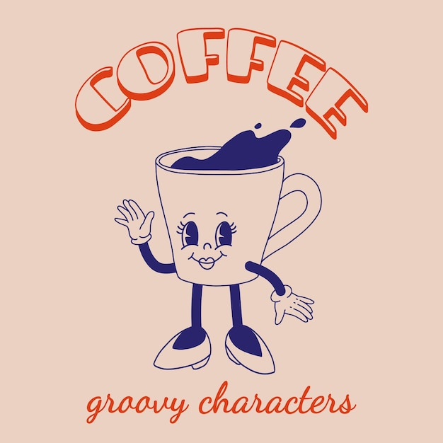 Un Personnage De Dessin Animé Funky Et Groovy, Un Autocollant De Café, Une Mascotte Vintage Avec Un Sourire Psychédélique.
