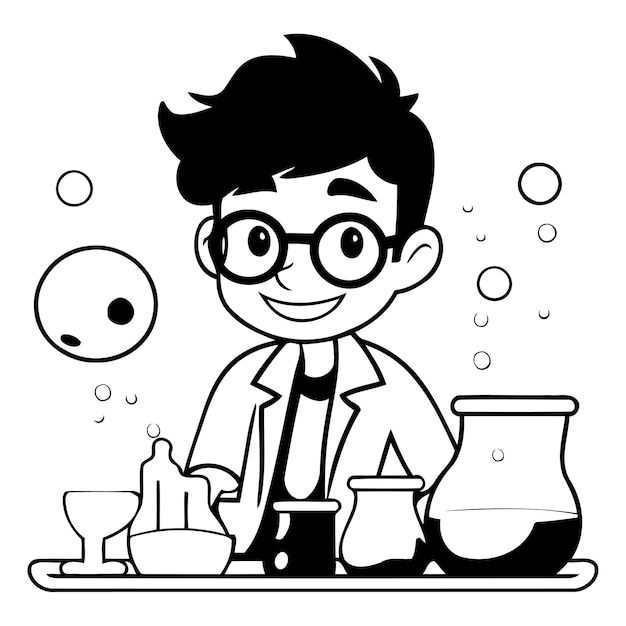 Vecteur personnage de dessin animé de garçon scientifique illustration vectorielle personnage d'animation de garçon scientifiques en blouse de laboratoire et lunettes