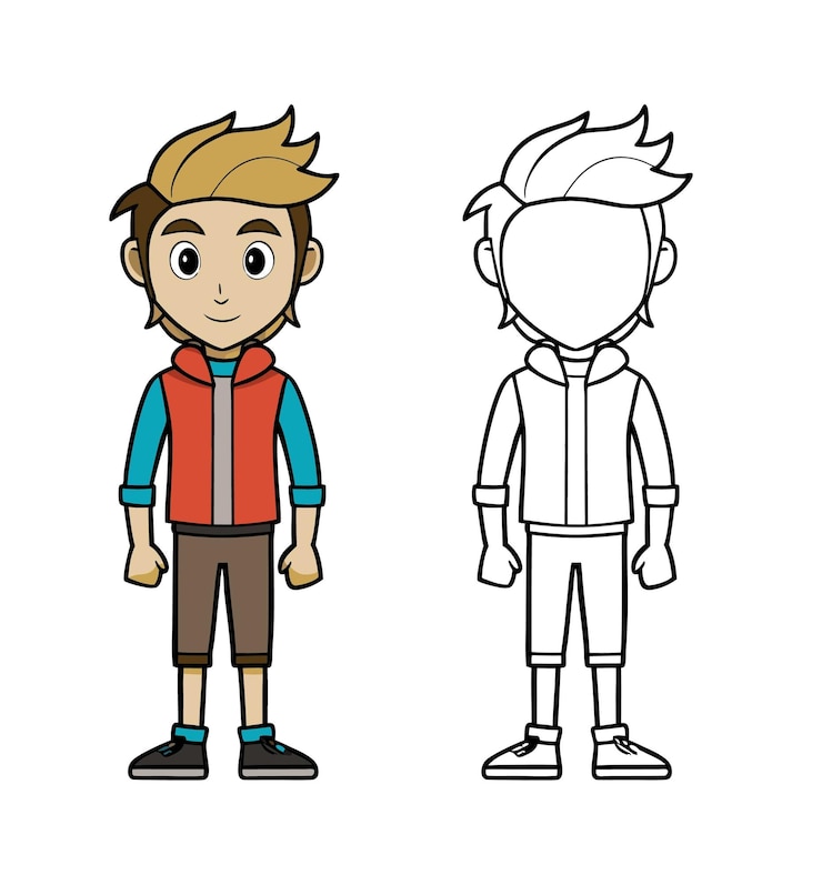 Vecteur personnage de dessin animé avec un gilet à cheveux bruns et un short