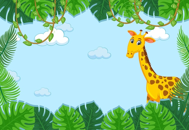 Vecteur personnage de dessin animé girafe avec cadre de feuilles tropicales