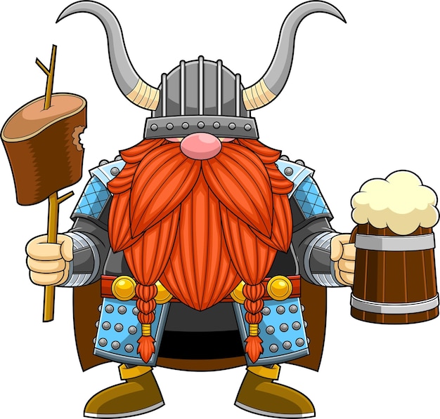 Vecteur personnage de dessin animé de guerrier gnome viking tenant de la viande sur un bâton et une chope de bière