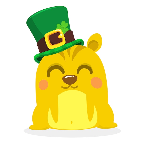 Personnage De Dessin Animé Heureux Hamster Portant Le Chapeau De St Patrick Avec Un Trèfle