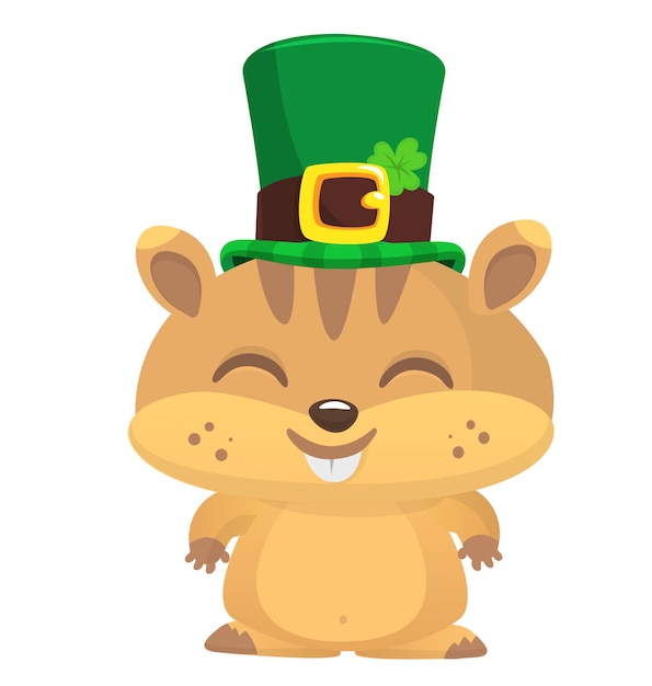 Personnage De Dessin Animé Heureux Hamster Portant Le Chapeau De St Patrick Avec Un Trèfle