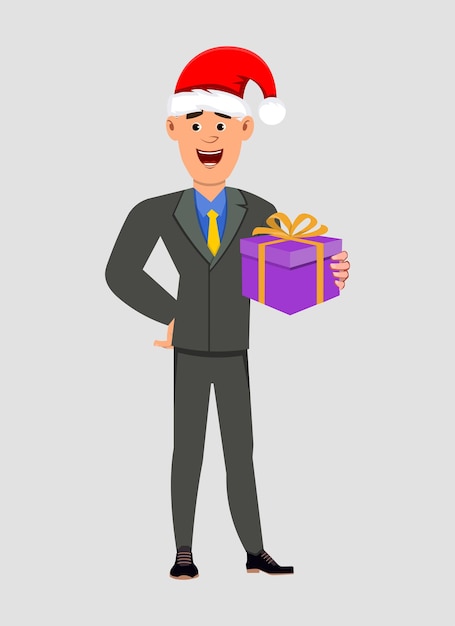 Personnage De Dessin Animé D'homme D'affaires Avec Cadeau Et Bonnet De Noel