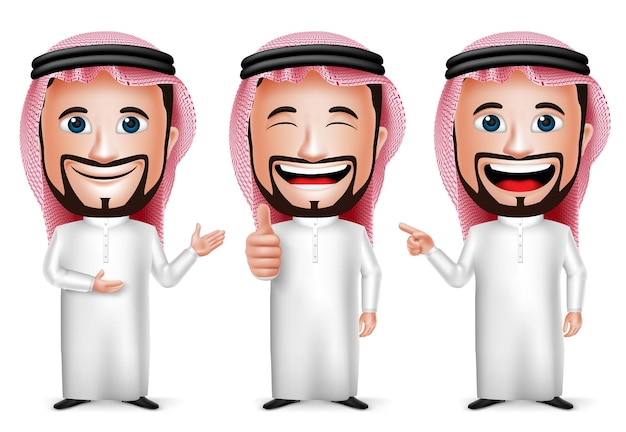 Personnage De Dessin Animé Homme Arabe Saoudien Réaliste 3d Avec Pose Différente Et Geste De La Main Portant Thobe