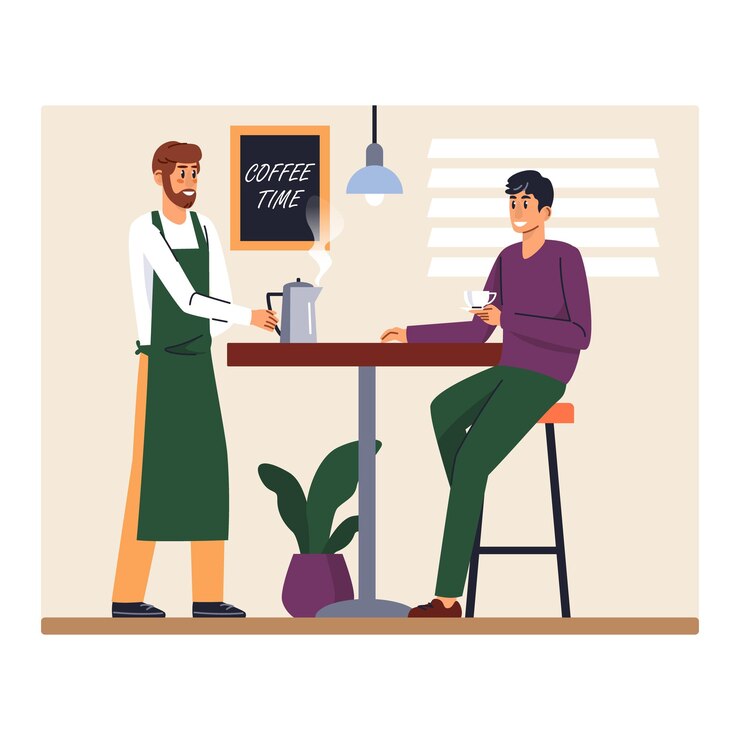 Personnage de dessin animé d'homme en tablier servant du café pour l'invité