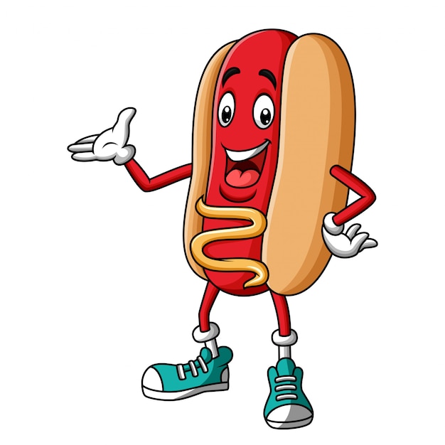 Personnage de dessin animé hotdog mascotte présentant