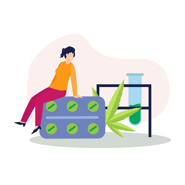 Personnage de dessin animé d'une jeune femme s'occupant de la production de cannabis médical
