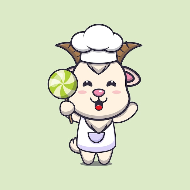 Personnage De Dessin Animé De Mascotte De Chef De Chèvre Mignon Tenant Des Bonbons